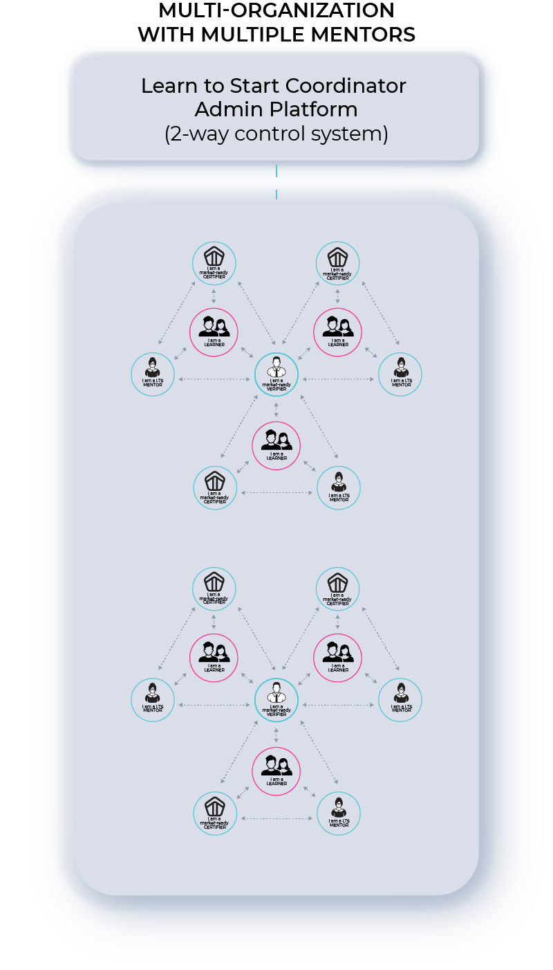 Diagram showing a multi-school organization with a multiple mentors at each school