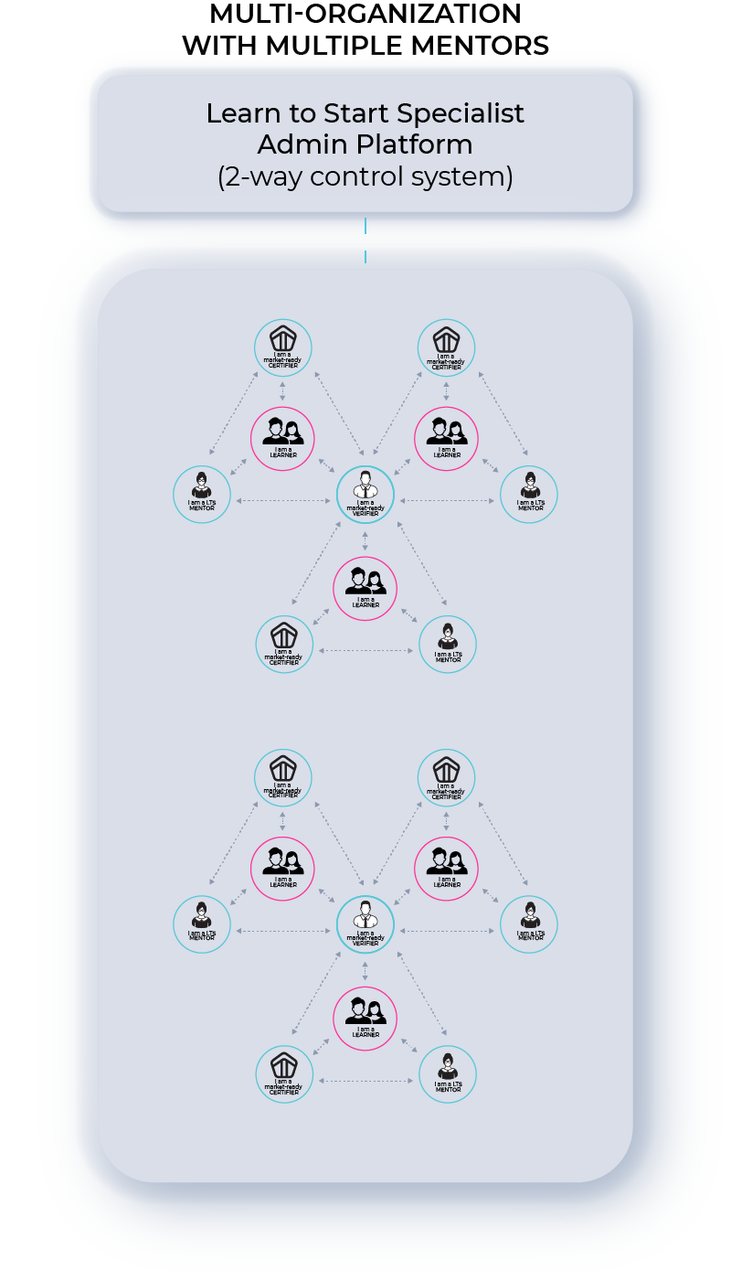 Diagram showing a multi-school organization with a multiple mentors at each school